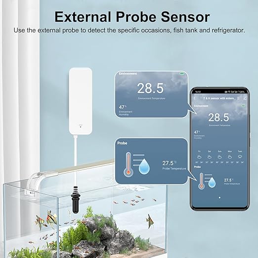 Smart Thermometer Hygrometer: WiFi Temperature Sensor with External Probe, Weather Function Thermometer Humidity Meter for Freezer, Aquarium, App Alert, Compatible with Alexa (Dual Detection 4PCS)