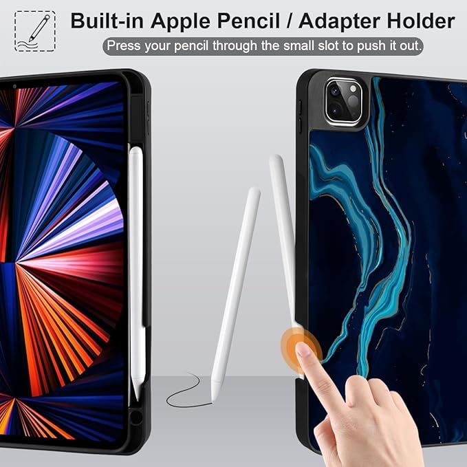 DONGKE Case for 2022/2021/2020/2018 iPad Pro 11 inch Gen 4/3/2/1 - Slim Protective Case - Built in Pencil Holder Support Charging - Trifold Stand & Sleep/Wake Cover - Blue Marble