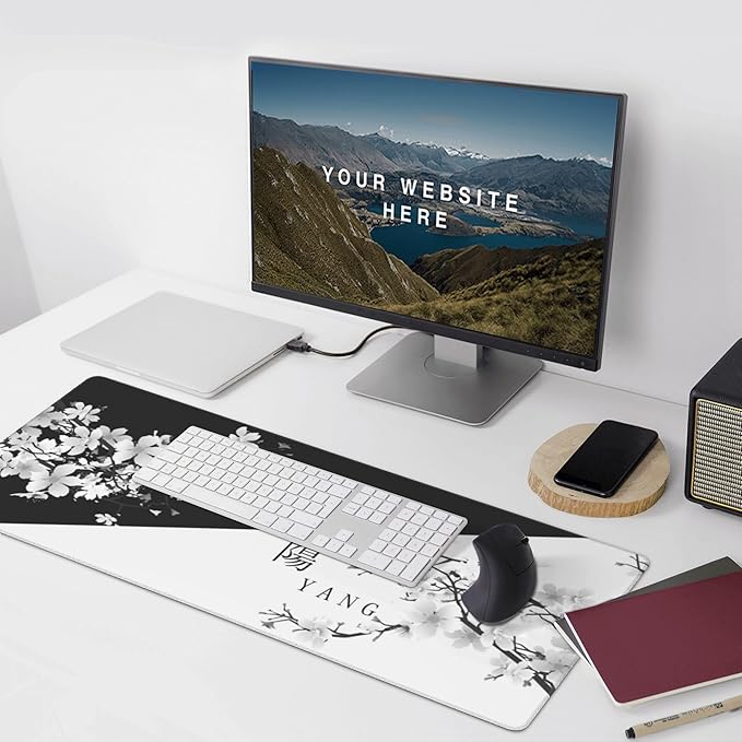 Large Gaming Mouse Pad Japanese Black White Cherry Blossom Mouse Pad with Stitched Edges & Nonslip Rubber Base Extended XXL Long Mousepad Big Desk Mat for Company Office Work, 35.4 x 15.7 in