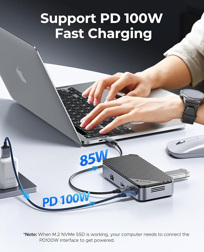 ORICO 9-in-1 USB C Hub with M.2 NVMe SSD Enclosure 10Gbps, Tool Free Hub Docking Station Adapter with Built-in Fan, Gigabit Ethernet, 100W PD, SD/TF, Type C & USB A for Laptop MacBook Mac mini -M2P7