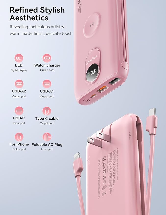 Portable Charger, 10000mAh 22.5W Power Bank Fast Charging with Wall Plug, Built-in Cables, LED Display, Compact Lightweight USB C Travel Battery Pack for iPhone 17/16, Android Cell Phone, Pad, iWatch