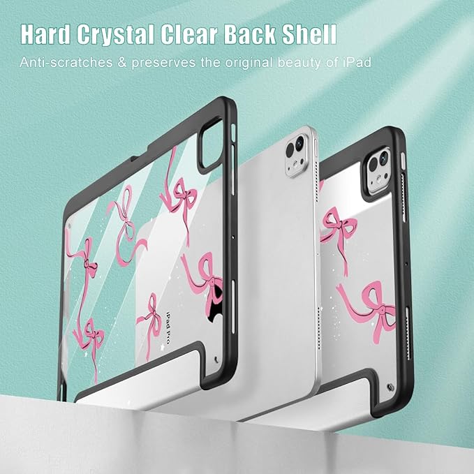May Chen Case for iPad Pro 11-Inch M5/M4 2025/2024 (6th/5th Generation), Clear Transparent Print Back Shell Slim Stand Shockproof Tablet Cover, Auto Wake/Sleep, White Bows