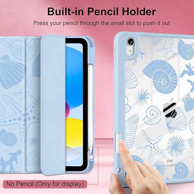 Case for iPad Air 13 inch 2026 M4 2025 M3 2024 M2 Release Slim Lightweight Shockproof Cute Blue Cover with Clear Back TPU Edge Pencil Holder Trifold Stand Auto Wake Sleep, Starfish and Shells