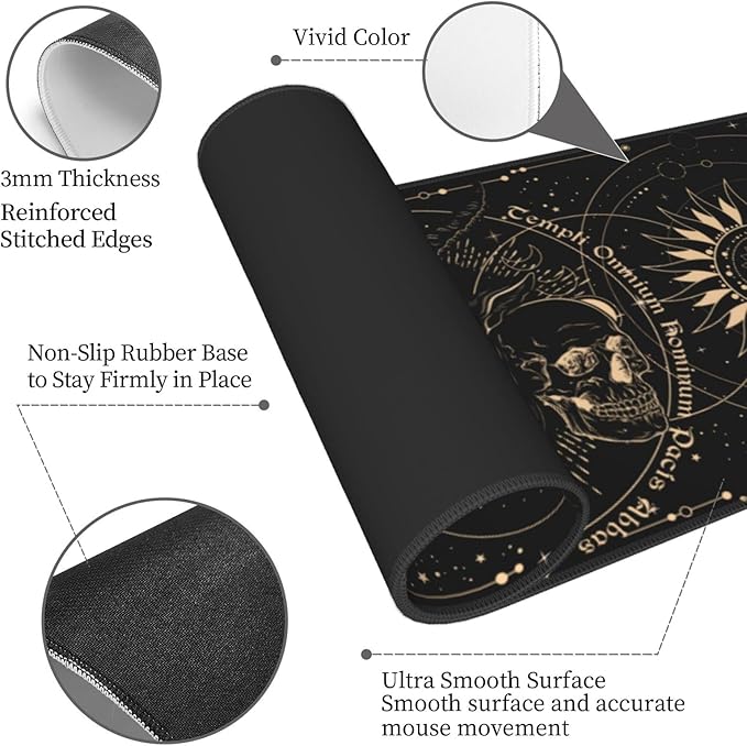 Sun and Moon Gothic Skull Goat Mouse Pad Extended Large Gaming Mouse Pad XL Oversized Desk Pad Stitched Edges 31.5 X 11.8 Inch