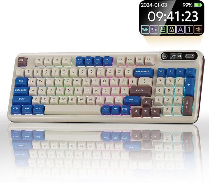 KZZI Z98 Wireless Mechanical Keyboard, Smart Display & Knob, BT5.0/2.4GHz/USB-C, Hot Swappable Custom Keyboard, Pre-lubed Linear Switches, Gasket Mount, RGB Creamy Gaming Keyboard
