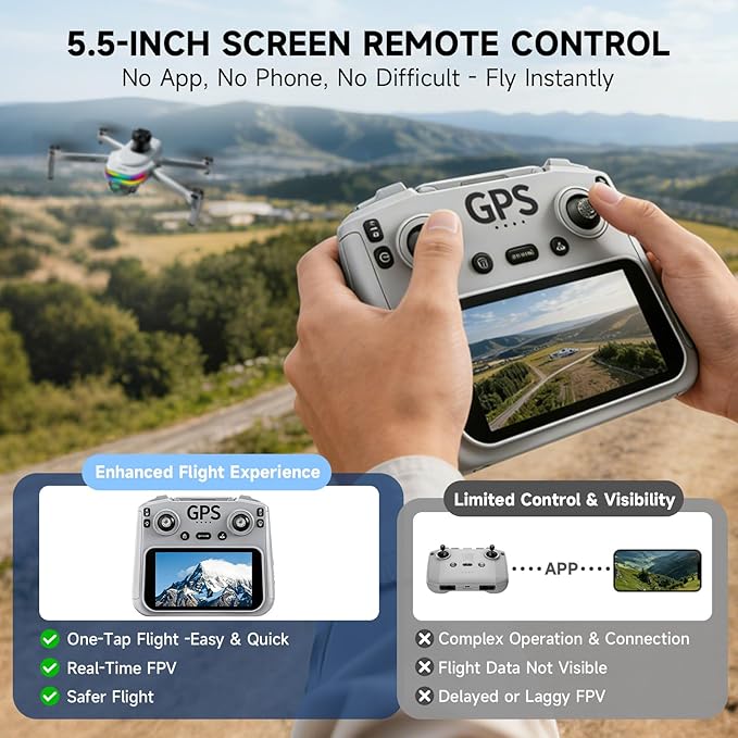 Drones With Dual Camera For Adults 4k,Gps Drone With Screen On Controller,Electric Adjustable Camera 90 °,Auto Return,Obstacle Sensing,Ai Track&Orbit Mode,50 Mins Flight,2 Battery ,For Beginner Toy Gifts