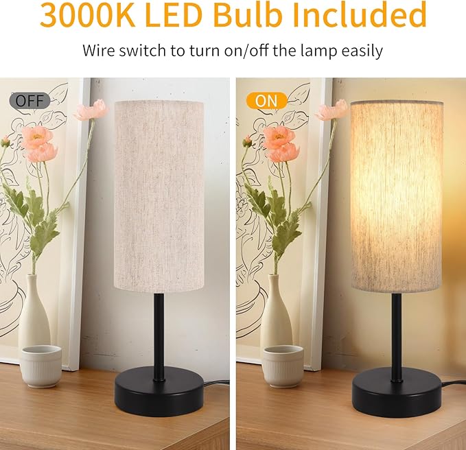 RISLG 2 Pack Small Table Lamps for Bedroom, Bedside Lamps for Nightstand with Wire Switch, Minimalist Modern Desk Lamps with Linen Fabric Shade for Kids Room Living Room Office Dorm, Bulb Included