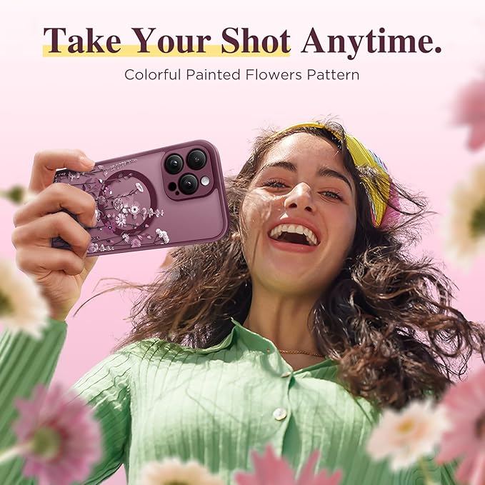 GVIEWIN for iPhone 16 Pro Max Case Compatible with MagSafe, [Military Grade Protection] [Screen Protector] Full Camera Protection Floral Translucent Women Magnetic Phone Case, Floratopia/Burgundy
