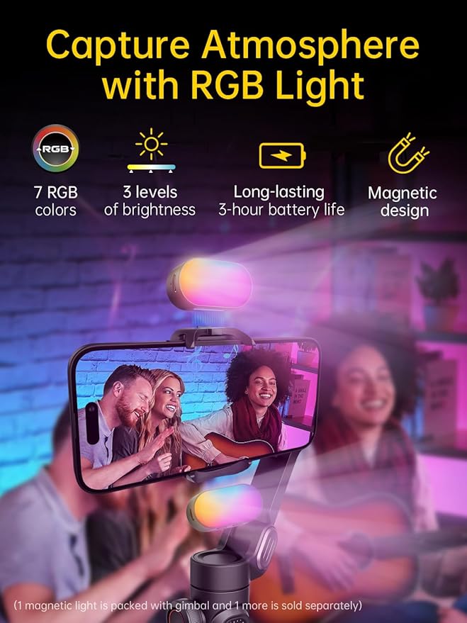 AOCHUAN 3-Axis Gimbal Stabilizer for iPhone Gimbal with RGB Magnetic Fill Light Upgraded Face Tracking Focus Wheel Foldable Smartphone for iPhone/Android Phone Stabilizer Vlog Recording Smart XE Kit