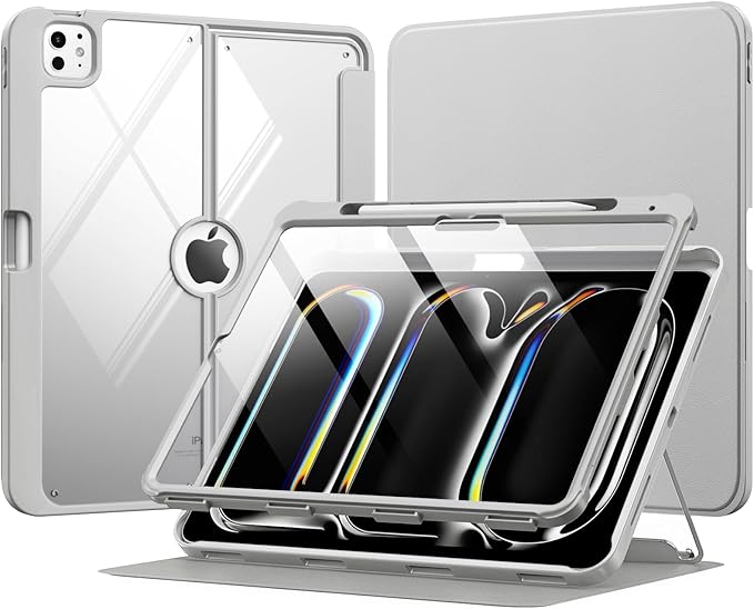 MoKo for iPad Pro 13 Inch Case (M5/M4) 2025/2024 with Pencil Holder, [Built-in Screen Protector], iPad Pro 13 M5/M4 Case with Clear Back & Magnetic Multi Angle Stand Cover, Light Gray
