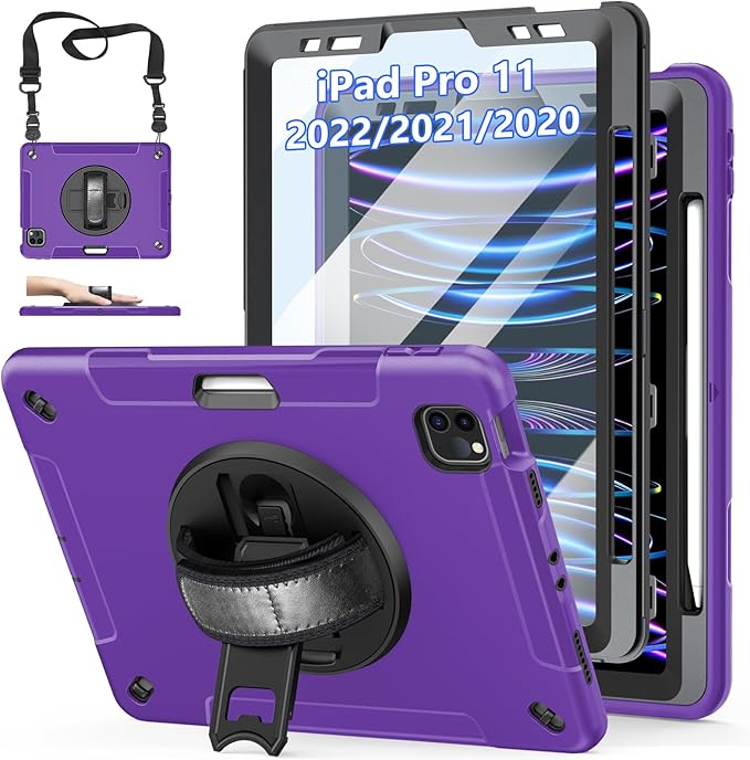 Case for iPad Pro 11 Inch 2022/2021/ 2020/2018: Cover for iPad 11 Inch 4th/ 3rd/ 2nd/ 1st Generation with Screen Protector- Stand- Handle- Shoulder Strap- Pencil Holder Purple