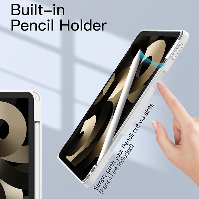 JETech Case ONLY for iPad Air 11-Inch M4/M3/M2 (2026/2025/2024), iPad Air 5/4 (2022/2020 5th/4th) with Pencil Holder, Clear Transparent Back Slim Stand Shockproof Tablet Cover (White)
