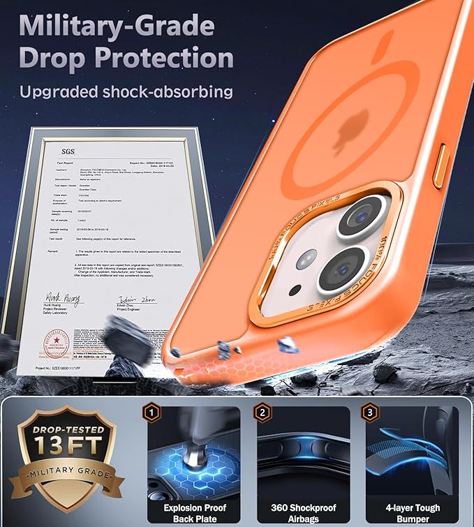 Newfuture Designed for iPhone 11 Case with Strong Magnetic [13 FT Military Drop Protection] [Compatible with Magsafe] Slim Translucent Matte Shockproof with Anti-Fingerprint Phone Case, Orange