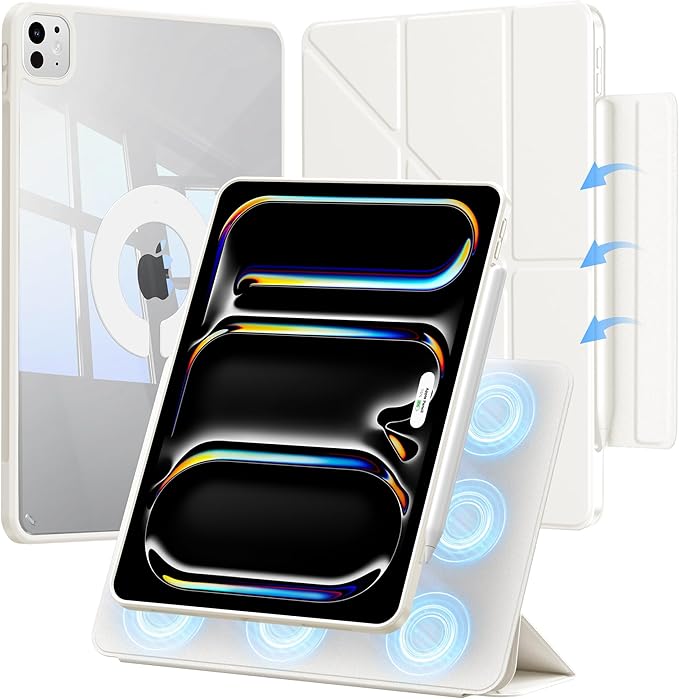 for iPad Pro 13 inch Case M5/M4 (2025/2024), Multi-Angle Y Fold Stand Magnetic Premium PU Leather Full Protective Case with Hidden Pencil Holder (Cream White)