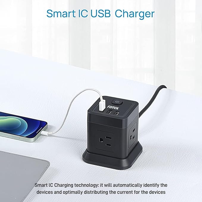 Power Strip with USB C, FDTEK Flat Plug Extension Cord with 4 Outlets and 3 USB Ports 10 FT Desk Power Strip Cube Overload Protection Compact Portable for Travel Home Office Cruise Ship - Black