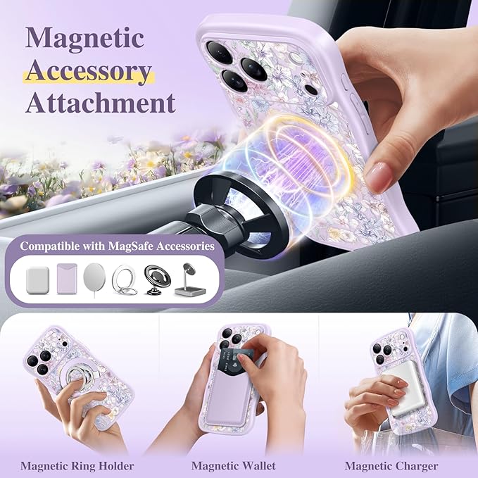GVIEWIN for iPhone 17 Pro Max Case Compatible with MagSafe [Curly Wave Edge][Full Camera Protection] Floral Translucent Shockproof Magnetic Women Phone Case for 17 Pro Max, Apricot Blossom/Purple