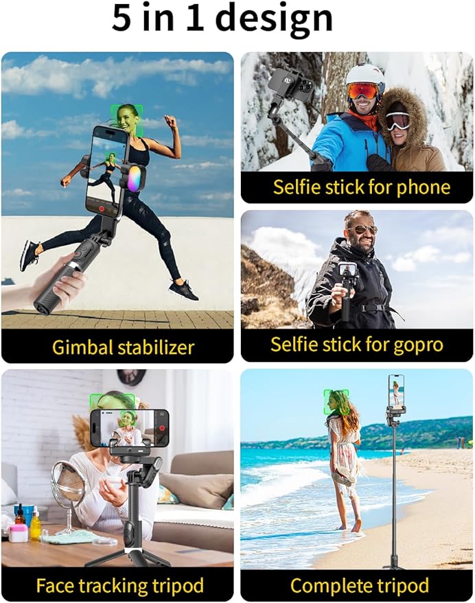 AOCHUAN Gimbal Stabilizer for Smartphone, 4 in 1 Phone Gimbal w/360° Rotation for iPhone/Andriod Sefie Stick Tripod w/Auto Face Tracking and Wireless Remote for TIK Tok YouTube Vlogging-M1 Pro Black