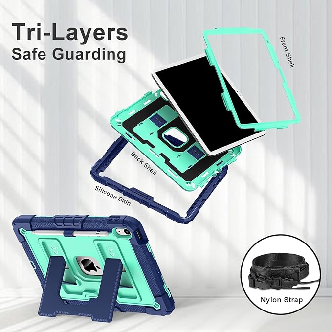 Kids Friendly Case for iPad A16 11th Generation 11 Inch 2025 / iPad 10th Generation 10.9" 2022 Case with Pencil Holder & Shoulder Strap, Hybrid iPad 11 10 Cover Rugged Shockproof Kickstand,Blue+Mint