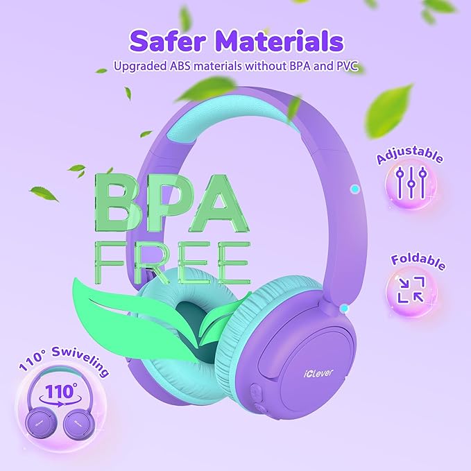 iClever BTH22 Kids Bluetooth Headphones, 60H Play Time, USB C Fast Charging, Bluetooth 5.4, AUX Cord,Safe Volume 74/85 dBA,Toddler Headphones for iPad/Tablet/Travel/School, Purple