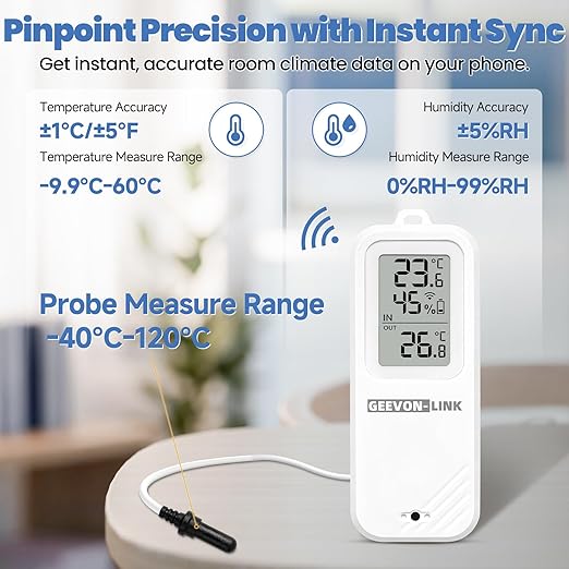 2PC WiFi Refrigerator Thermometer Hygrometer with Alarm, Freezer Temperature with Probe, Wireless Digital Fridge Thermometer Humidity Sensor, Free Data Export for Home Kitchen Fridge Tub