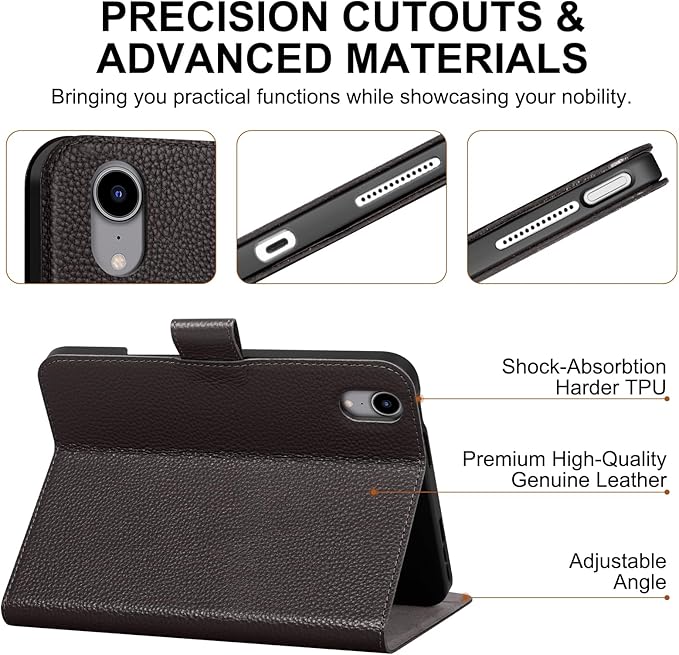 Genuine Leather Case for iPad mini 7th/6th Gen 8.3 Inch 2024/2021 | with Pencil Holder and Adjustable Stand, Magnetic Closure, Auto Wake/Sleep Cover | Dark Brown