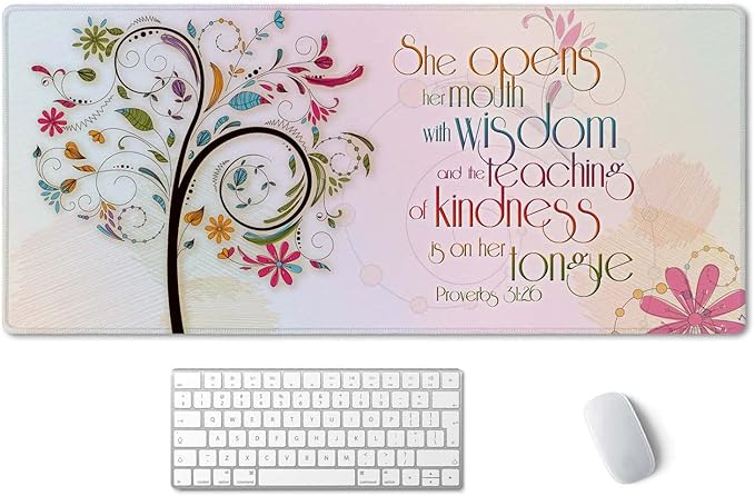 SSOIU Inspirational Christian Bible Verse Proberbs Quotes Extended Gaming Mouse Pad 35.5x15.7 in, Large Mouse Pad, She Opens Her Mouth with Wisdom and The Teaching of Kindness is on Her Tongue