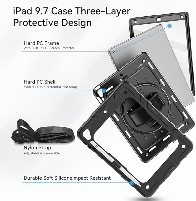 Case for iPad 6th/5th Generation 9.7'' with Screen Protector Pencil Holder [360 Rotating Hand Strap] &Stand, Drop-Proof Case for iPad 6th/5th/ Air 2/ Pro 9.7(Black)