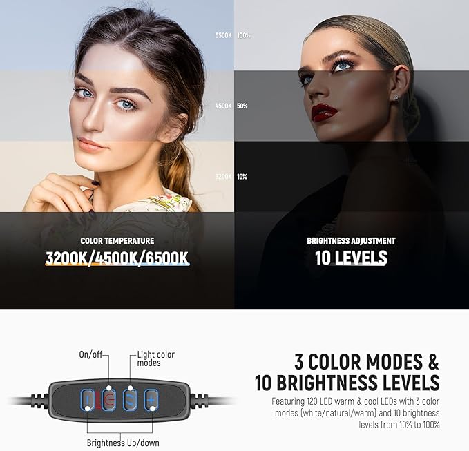 NEEWER Basics 10" Selfie Ring Light with Tripod Stand/3 Phone Holders Compatible with iPhone/3 Cold Shoes/Remote, LED Ringlight Lighting for YouTube TikTok Vlog Video Recording Makeup Streaming, R11