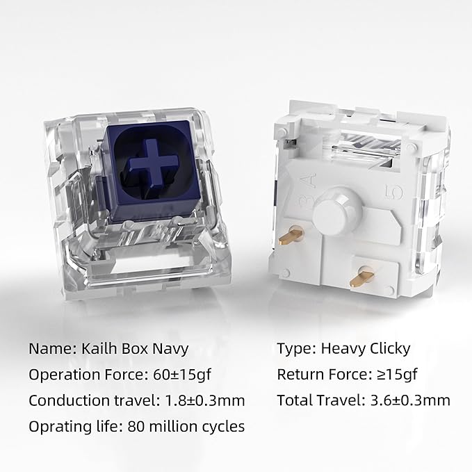 Kailh Box Navy Switches for Mechanical Gaming Keyboard,3-Pin 60gf Clicky/Factory Lubed/IP56 Dust&Waterproof Switches(Kailh Box Navy,10Pcs)