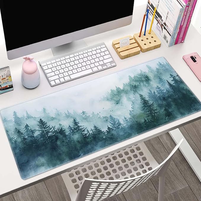 Desk Mat, Big Desk Pad, XL Extended Gaming Mouse Pad, Large Mouse Pad for Desk Rubber Base Mousepad with Stitched Edges, Keyboard Mouse Mat for Work, Game, Office, Home - Watercolor Forest Misty