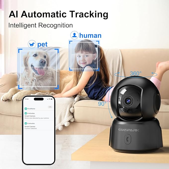 GOLSPARK Dog Pet Camera for Home Security 2K, 2.4GHz WiFi Camera Baby Monitor for Room with Motion Tracking Detection Night Vision, Two-Way Audio SD/Cloud Storage