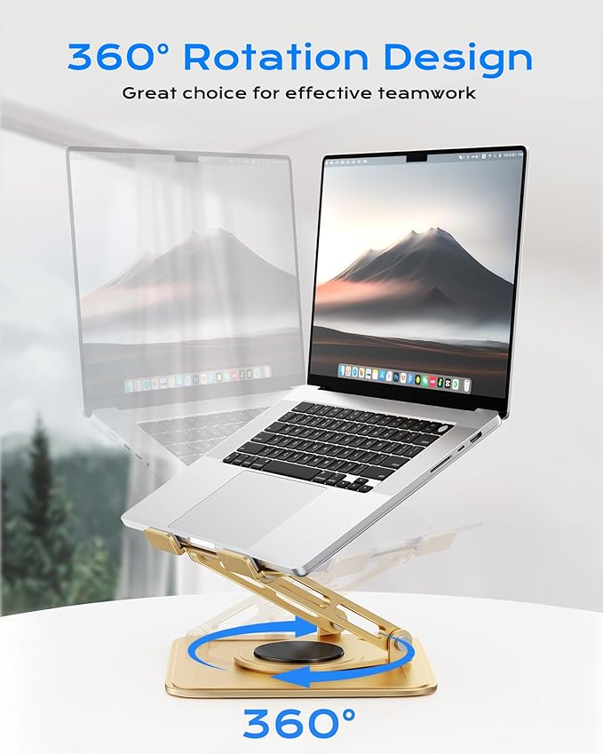 LOXP Adjustable Laptop Stand, Computer Stand with 360 Rotating Base, Ergonomic Laptop Riser Mount for Desk Foldable Protable Computer Desk Fits with MacBook Pro Air (10-16") - Gold