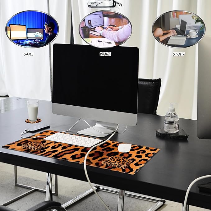 Wrist Elbow Support Arm Rest Desk Mouse Pad Set,Large Mouse Pad + 2 Elbow Rest Pad + Coaster,(31.5×11.8 in) Ergonomic Memory Foam for Office,Gaming,Computer,Laptop-Leopard Print