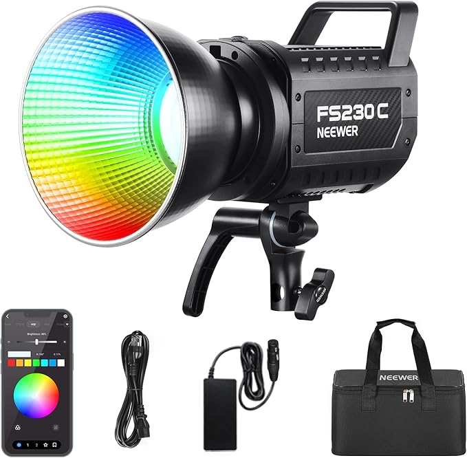 NEEWER 230W High Power RGB LED Video Light, APP/2.4G Control, 2500K-7500K 23000lux/1m COB Continuous Output Lighting, 17 Effects CRI95+ Bowens Spotlight for Studio Photography Video Recording, FS230C