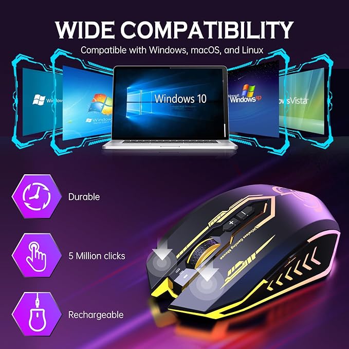UHURU Wireless Gaming Mouse Up to 12000 DPI, Rechargeable USB-C Wireless Mouse with 7 Buttons 7 Dynamic LED Color Ergonomic Programmable MMO RPG for PC Laptop, Compatible with Windows Mac