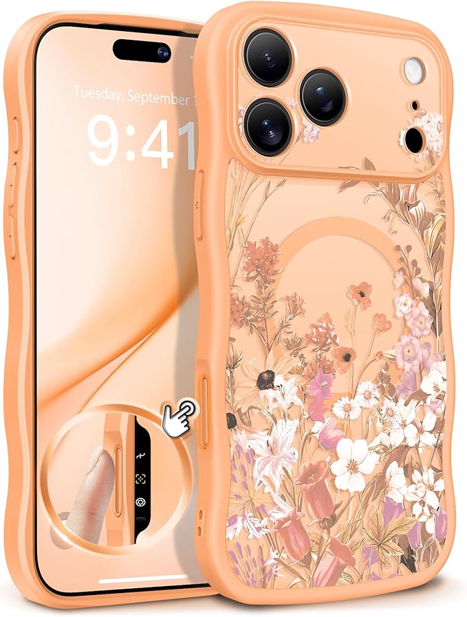 GVIEWIN for iPhone 17 Pro Max Case Compatible with MagSafe [Curly Wave Edge][Full Camera Protection] Floral Translucent Shockproof Magnetic Women Phone Case for 17 Pro Max, Campanula/Orange