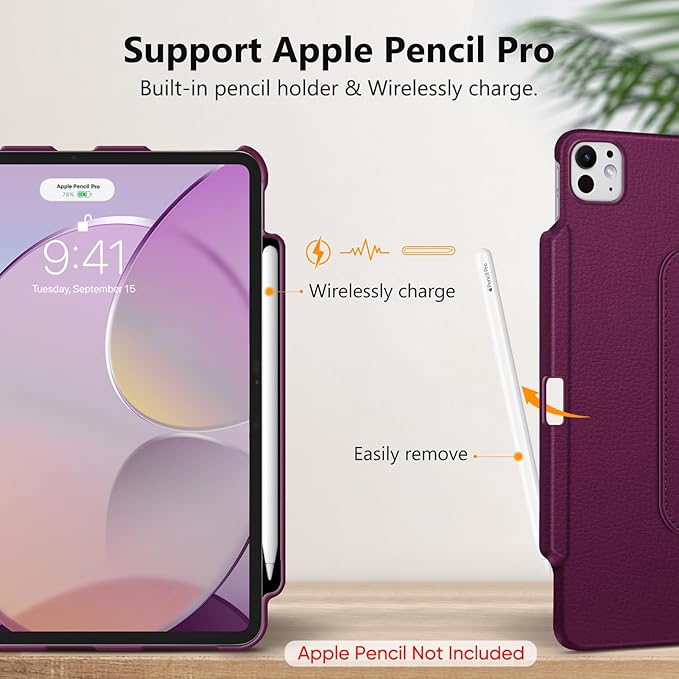 Fintie Rotating Case for iPad Pro 13-inch (M5) 2025 / (M4) 2024 with Pencil Holder - 360 Degree Swiveling Protective Stand Cover with Auto Wake/Sleep, Purple