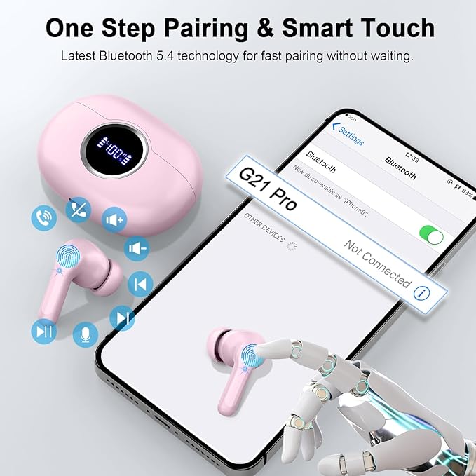 Bluetooth 5.4 Earbuds, 2026 Wireless Headphones 3D-Stereo Deep Bass Ear Bud, 4 ENC Noise Cancelling Mic, 40+Hrs USB-C Earphones, IP-X7 Waterproof Headset Sport Gym Workout for Laptop Pad Android iOS