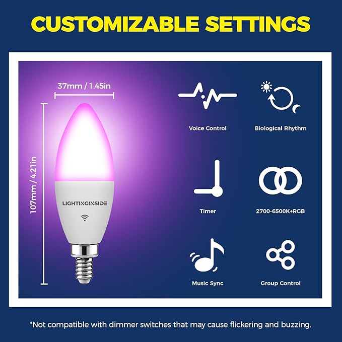 Lightinginside E12 Smart Light Bulbs 60W Equiv., 500LM 6W RGBCW Candelabra Chandelier Candle Bulb Works with Alexa/Google Home/Smart Life, 2.4G WiFi Bluetooth Bulbs, No Hub Required, ETL Listed, 5PCS
