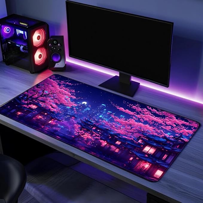 Simpkeely Fantasy Night City Gaming Mouse Pad, Blacklight Japanese Residential Buildings Landscape Neon Large Waterproof UV Reactive Non-Slip Rubber Base Mousemat for Office Home - 31.5" x 11.8"