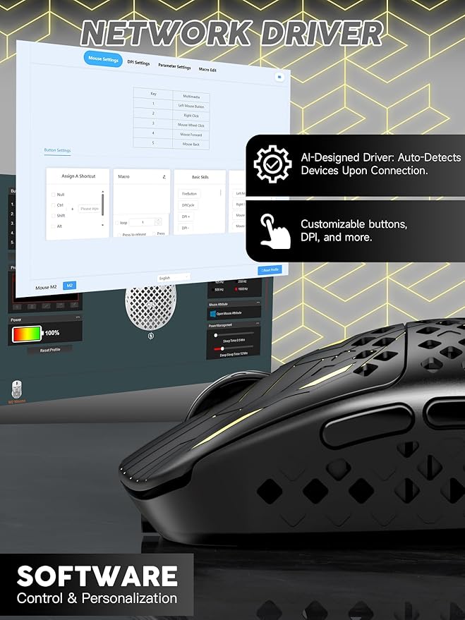 MAMBASNAKE M2 Carbon Fiber Wireless Gaming Mouse, PAW3395PRO 40K DPI, 1K Polling Rate 41g Ultralight Tri-Mode Ergonomic PC Mice, Cloud Driver AI Driver for PC/Mac/Win,Black