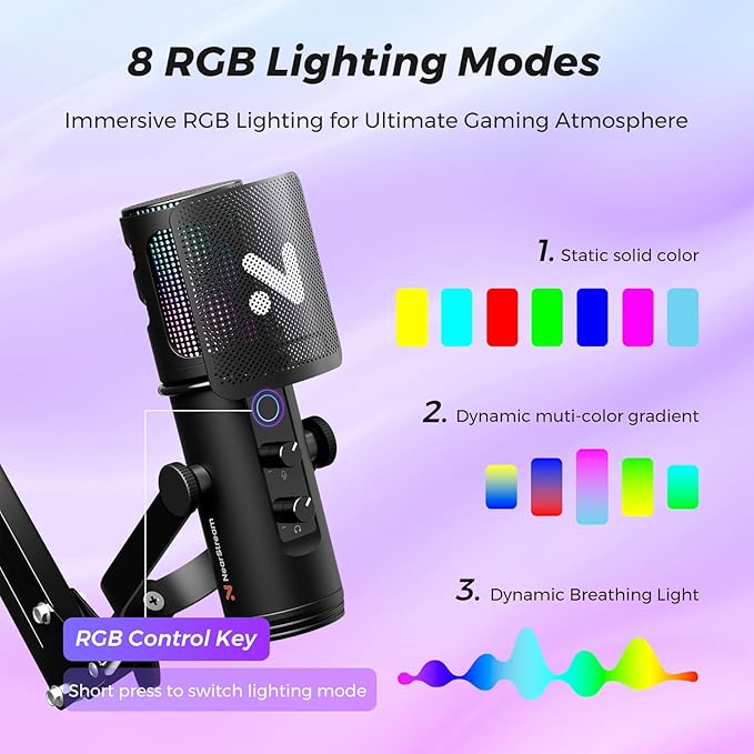 NearStream RGB Gaming Microphone for PC with Noise Canceling/Monitor/Mute/Gain/Removable Pop Filter, USB Condenser Mic with Boom Arm for Stream/Podcast/Twitch/Discord/YouTube/PS4/PS5(AM30U)