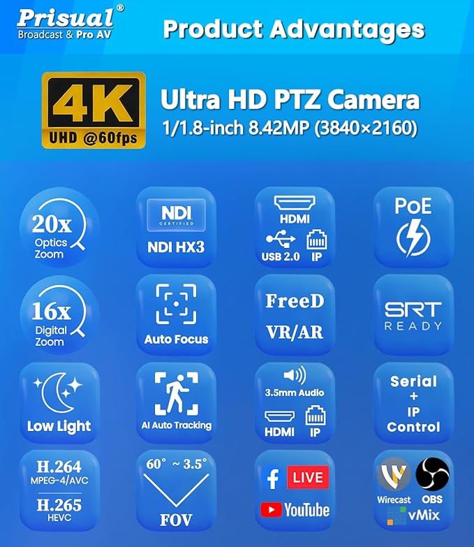 Prisual Ultra 4K PRO NDI PTZ Camera Gen 5, SDI HDMI USB IP with 20x Optical Zoom 1/1.8" UHD CMOS 8.42MP, 4K 60fps AI Auto-Tracking PTZ Camera with Tally Light (Official NDI Certified) TEM-4K20N PRO