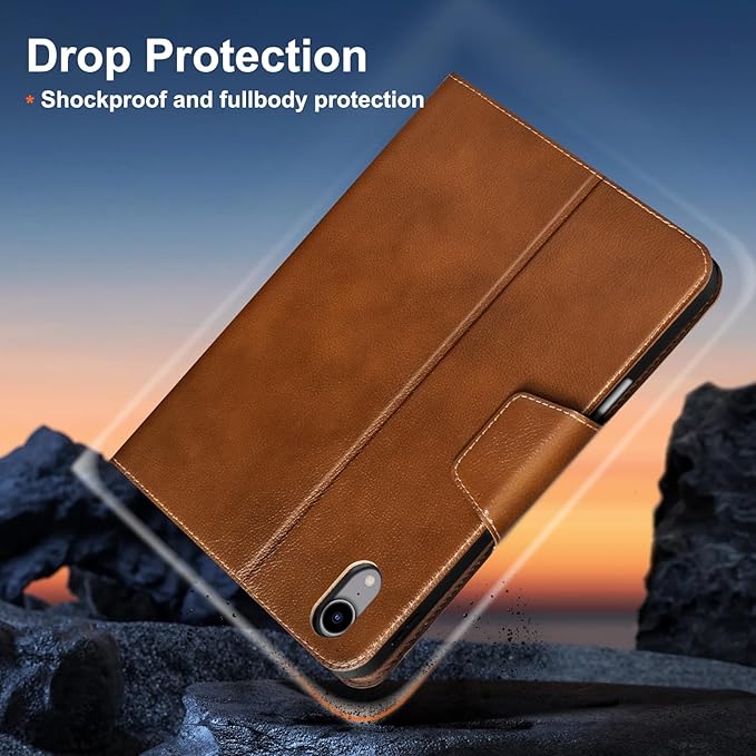 Gexmil Premium Leather Case for iPad mini 7 (A17 Pro) 2024 / iPad mini 6 Generation 2021 8.3 Inch,Pencil Holder, Magnetic Closure,Shockproof Cowhide Cover,Adjustable Stand,Yellow Brown