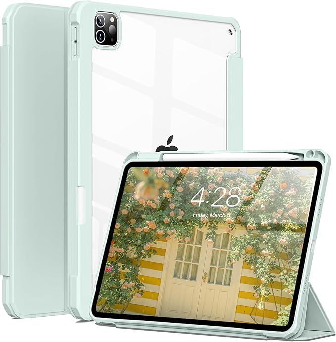 Case for iPad Pro 12.9 Inch (6th/5th/4th/3rd Generation 2022/2021/2020/2018) with Pencil Holder, Clear Transparent Back Shell Slim Stand Shockproof Tablet Cover, Auto Wake/Sleep, Light Green