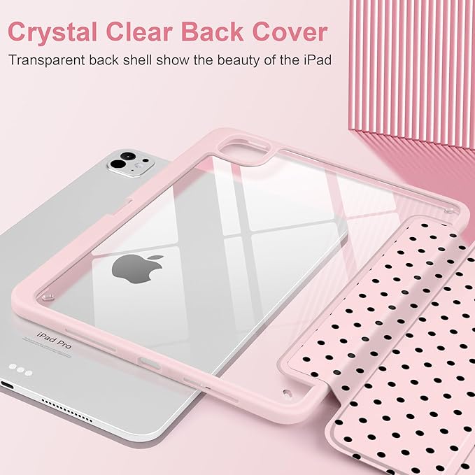 Case for iPad Pro 13 Inch (M5 2025 M4 2024) – [Built-in Pencil Holder], Shockproof & Stylish, Clear Hard Back + Soft TPU Edge, Magnetic Trifold Stand, Auto Wake/Sleep, Pink Polka dot