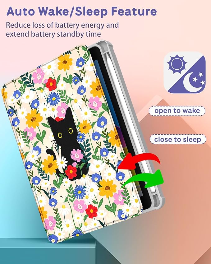 Uppuppy for iPad mini 7 Case (A17 Pro) for iPad mini 6th Generation Case - 360 Rotating Stand Folio Smart Cover with Pencil Holder for Women Girls, Cat & Flowers for Apple Tablet Mini 8.3” 2024/2021