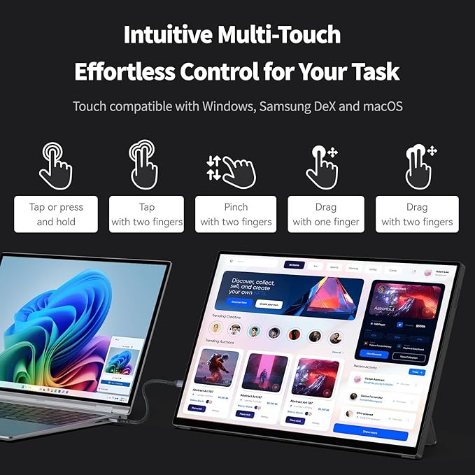 Intehill 16" 2.5K Portable Monitor, Second Laptop Screen Extender for Travel, Touchscreen Monitor for the Demanding Professionals, 120Hz Portable Gaming Monitor with Built-in Stand, T16KB (Black)