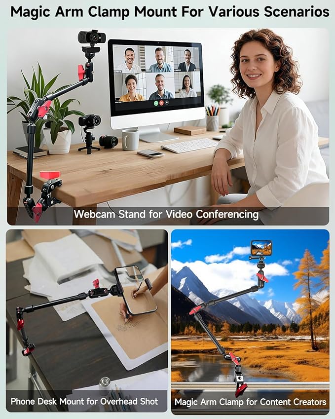 22" Magic Arm w Clamp Mount, Overhead Desk Phone Mount Stand, Adjustable Articulating Friction Camera Boom Arm w 1/4" Thread for Phone Video Light Webcam Action Camera Tripod Mic