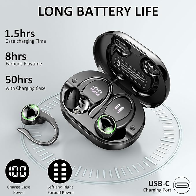 Wireless Earbuds, 2026 Bluetooth 5.4 Headphones Sports, 50 Playback Over-Ear buds with 4 ENC Noise Cancelling Mics Deep Bass Fitness Earphones Gym Running Workout, IP7 Headset with Earhook LED Display